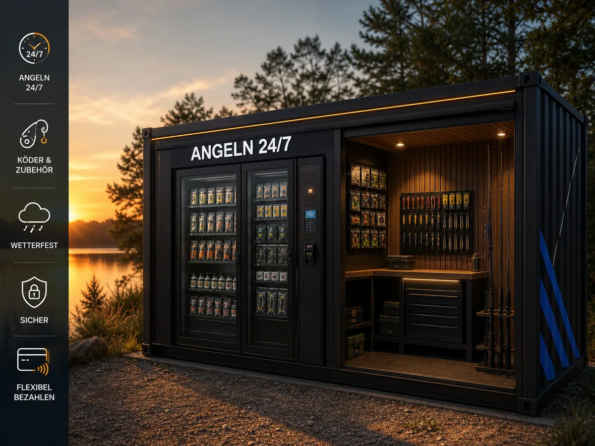 Visualisierung eines wetterfesten 24/7 Verkaufsautomaten für Köder und Angelzubehör am See