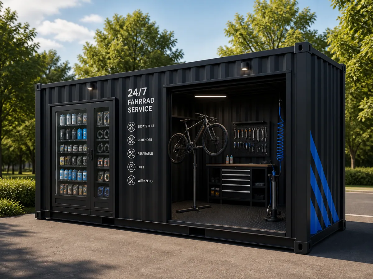 Visualisierung einer WILLCon 24/7 Fahrrad-Service-Station mit Verkaufsautomat, Werkzeug und Luftpumpe